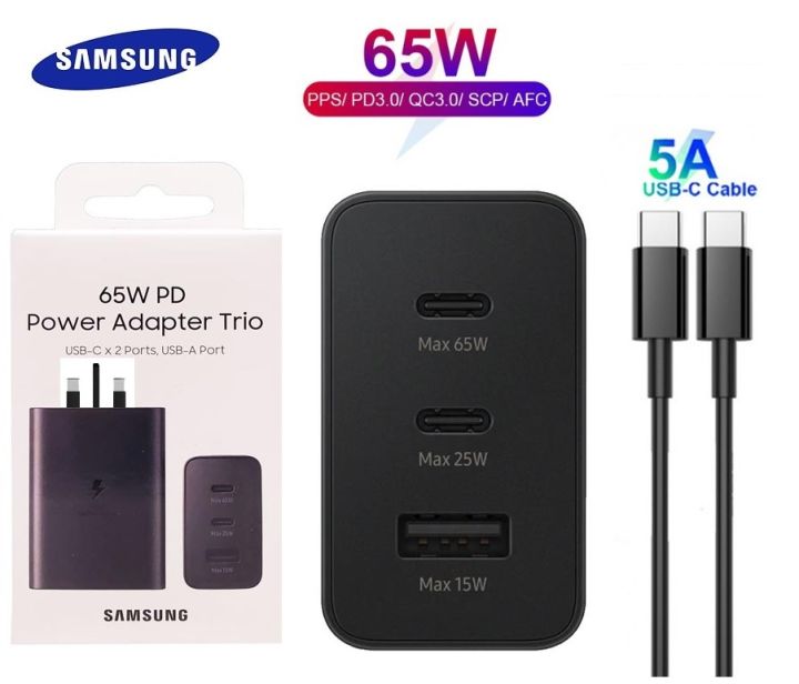 Original Samsung 65w Charger 3 USB Port Adapter With Type C To Type C Cable Support Super Fast Charging Samsung S21 S22 S23 Charger cable